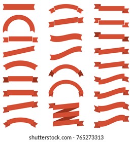 Set of red ribbon banners isolated on white background, flat stylish vector collection