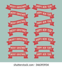 Set of red ribbon banners. Merry Christmas. Happy New Year. Vector illustration.