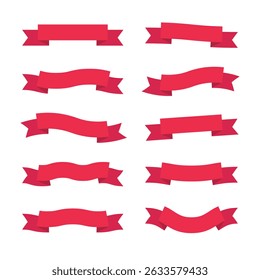 Set of red ribbon banners with multiple shapes and curves for festive or graphic use.