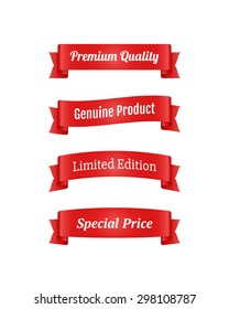 Set of red ribbon banners for promotion. Collection of retro scrolls elements for design. Vector illustration.