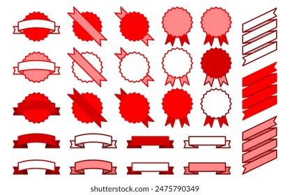 Set of red ribbon banners in various shapes. Vector illustration for graphic design, web decoration, labels, badges, sale tags, and promotional content. Isolated on transparent background