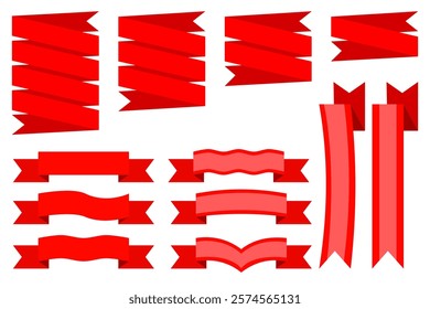 Set of red ribbon banners in various shapes. Vector illustration for graphic design, web decoration, labels, badges, sale tags, and promotional content. Isolated on transparent background