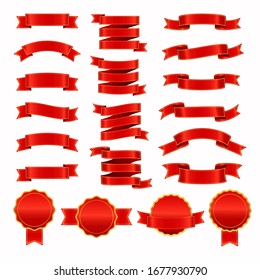 Set of red ribbon. Blank banners collection with gold frame.