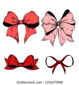 Set of red ribbon bows. Hand drawn vector illustration isolated on white. 