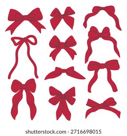 Conjunto de arcos de fita vermelha no estilo doodle desenhado à mão. Elementos decorativos de Natal e feriados para embrulhar presentes, cartões de felicitações, convites, embalagens e projetos de design festivos.