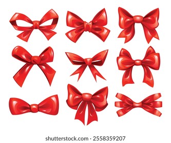 Set of red ribbon bows in various styles, perfect for decoration and festive themes. Vector cartoon illustration