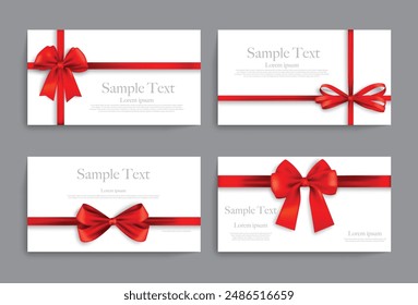 Set of red ribbon bows with white greeting cards on gray background. Illustrations and vectors