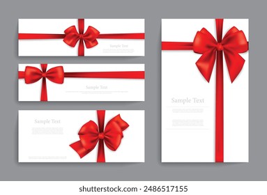 Set of red ribbon bows with white greeting cards on gray background. Illustrations and vectors