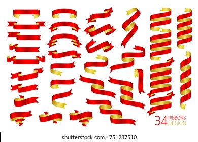 Set of red ribbon with gold backside. Gradient style. Vector illustration isolated on white background.