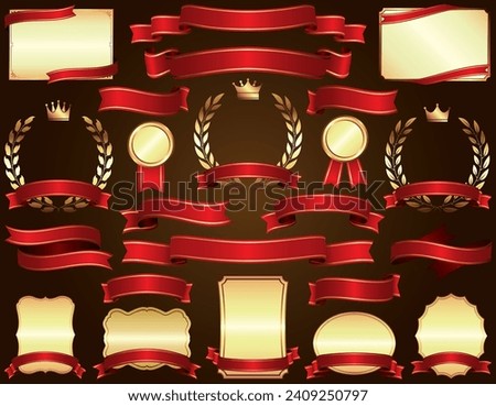 Set of red ribbon and gold decorative frame