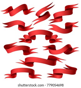Set of red ribbon isolated on white background. Red Banner collection. Holiday sticker and design elements. Vector illustration.