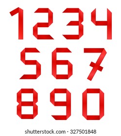 Set of red ribbon numbers on white background. Vector illustartion
