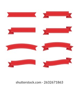 Set of Red Ribbon with White Dashed Line Border Banners and Labels - Flat Design Illustration