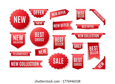 Set of red ribbons, badges and banners with the inscription best choice, new offer. Illustration of sale and prices.