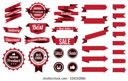 set of red ribbons , badges and labels. flat design concept. branding and sale decoration. vector illustration. isolated on white background.