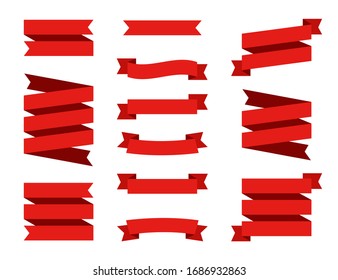 Set red ribbons banners isolated on white background. Illustration set of blue tape. Collection flags, decorative elements, labels and streamers.