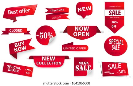 Set of red ribbons, banners. Sale labels. Big, mega -50% discount. Trade Tags. Limited offer. New collection.
 Vector image.