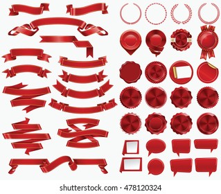 Set of Red Ribbons and Certificate Seals and Badges