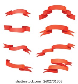 Set of red ribbons for decoration. Classic. Bow, award. Strip of fabric. Silk. Stamp. Place for inscription. Vector illustration on a white background.