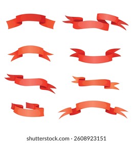 Set of red ribbons for decoration. Classic. Bow, award. Strip of fabric. Silk. Stamp. Place for inscription. Vector illustration on a white background.