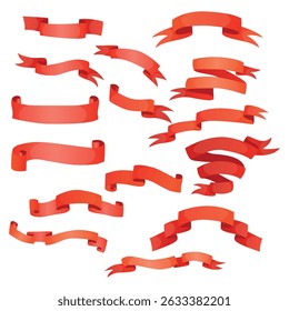 Set of red ribbons for decoration. Classic. Bow, award. Strip of fabric. Silk. Stamp. Place for inscription. Vector illustration on a white background.