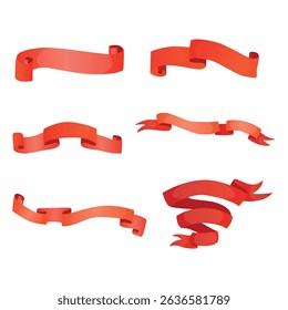Set of red ribbons for decoration. Classic. Bow, award. Strip of fabric. Silk. Stamp. Place for inscription. Vector illustration on a white background.