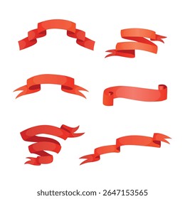Set of red ribbons for decoration. Classic. Bow, award. Strip of fabric. Silk. Stamp. Place for inscription. Vector illustration on a white background.