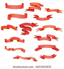 Set von roten Bändern für die Dekoration. Klassisch. Bow, Award. Stoffstreifen. Seide. Stempel. Ort der Inschrift. Vektorgrafik auf weißem Hintergrund.