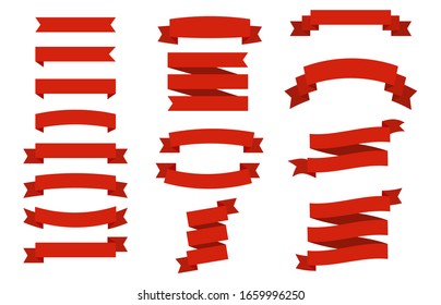 Set of red ribbons for design, discount offer and gift. Retro style. Flat ribbon illustration isolated on white background.
