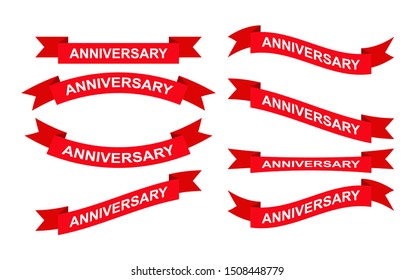 Set of red ribbons of different shapes with the inscription ANNIVERSARY. Simple design.