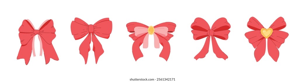  set of red ribbons with different shapes and gold decorations on isolated background. decorative and fashion ornaments, for posters and web icons