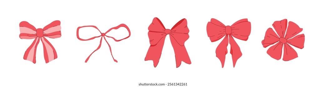 set of red ribbons with different shapes on isolated background. decorative and fashion ornaments, for posters and web icons