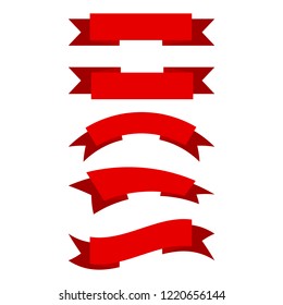 Set of red ribbons in flat style. Vector illustration. Collection of isolated ribbons