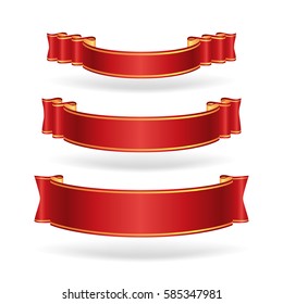 Set of red ribbons with gold border isolated on white background. Vector illustration.