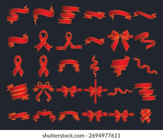 Conjunto de cintas rojas con rayas doradas sobre fondo oscuro