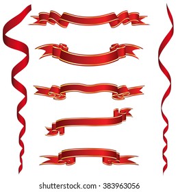 Set of red ribbons with golden stripes. Vector illustration.