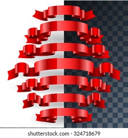 Set of Red Ribbons Isolated on White and Transparent Background. Illustration Vector EPS 10.