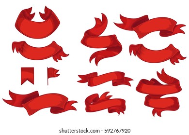 Set of red ribbons isolated on white background. Vector illustration of vintage ribbon tapes for menu, poster, web and label. Hand drawn in a graphic style.