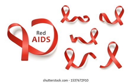 Set of red ribbons for leukemia and aids awareness charities, collection of different realistic icons for important cause - vector illustration isolated on white background.