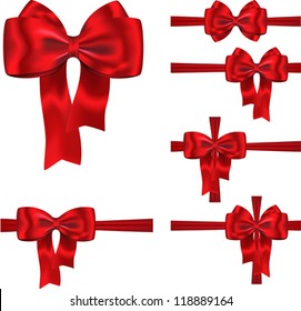 Set of red ribbons with luxurious bows for decorating gifts and cards. Vector illustration