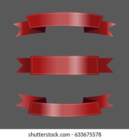 Set of red ribbons on gray background. Vector illustration.