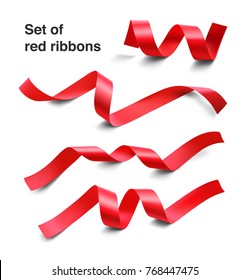 Set of red ribbons on white background. Vector illustration. Ready for your design. Can be use for template your design, promo, adv.