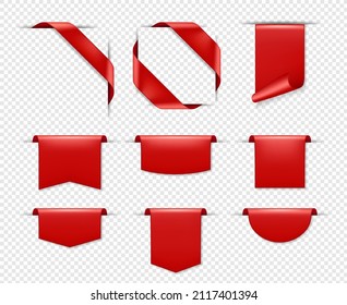 Set of red ribbons, online shopping web banners. Red silk corner bookmarks, tags, flags and curved ribbons. Vector