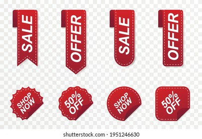 Set Of Red Ribbons, Price Tags, Discounts. Discount Offer, Sale With Red Ribbon Png. Vector Image.