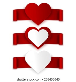 Set of red ribbons with realistic hearts isolated on white