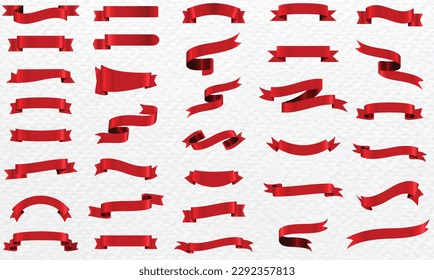 Conjunto de cintas rojas. Elementos de cinta de opciones. Cintas antiguas. Colección moderna de cintas rojas. Cintas rojas de seda. Ilustración vectorial.