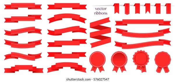 Set of red ribbons and round sticker. Paper scrolls. Red ribbon vector icon on white background. Sticker and decoration for app and web. Label, badge and borders collection.