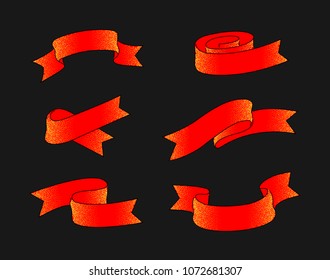 Set of red ribbons in sketch graphic on dark background with dark outline and orange light