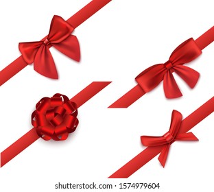 Set of red ribbons tied on different shapes decorative bows, realistic vector illustration isolated on white background. Package element for Christmas or birthday gift.
