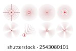 Set of red rings with sound waves, interrupted lines and dots. Rings with radial lines. Radar icon, targets, epicenter. Vector signal concentric vortex circles.